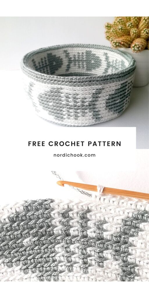 Free crochet pattern: Tapestry crochet basket with fish bones