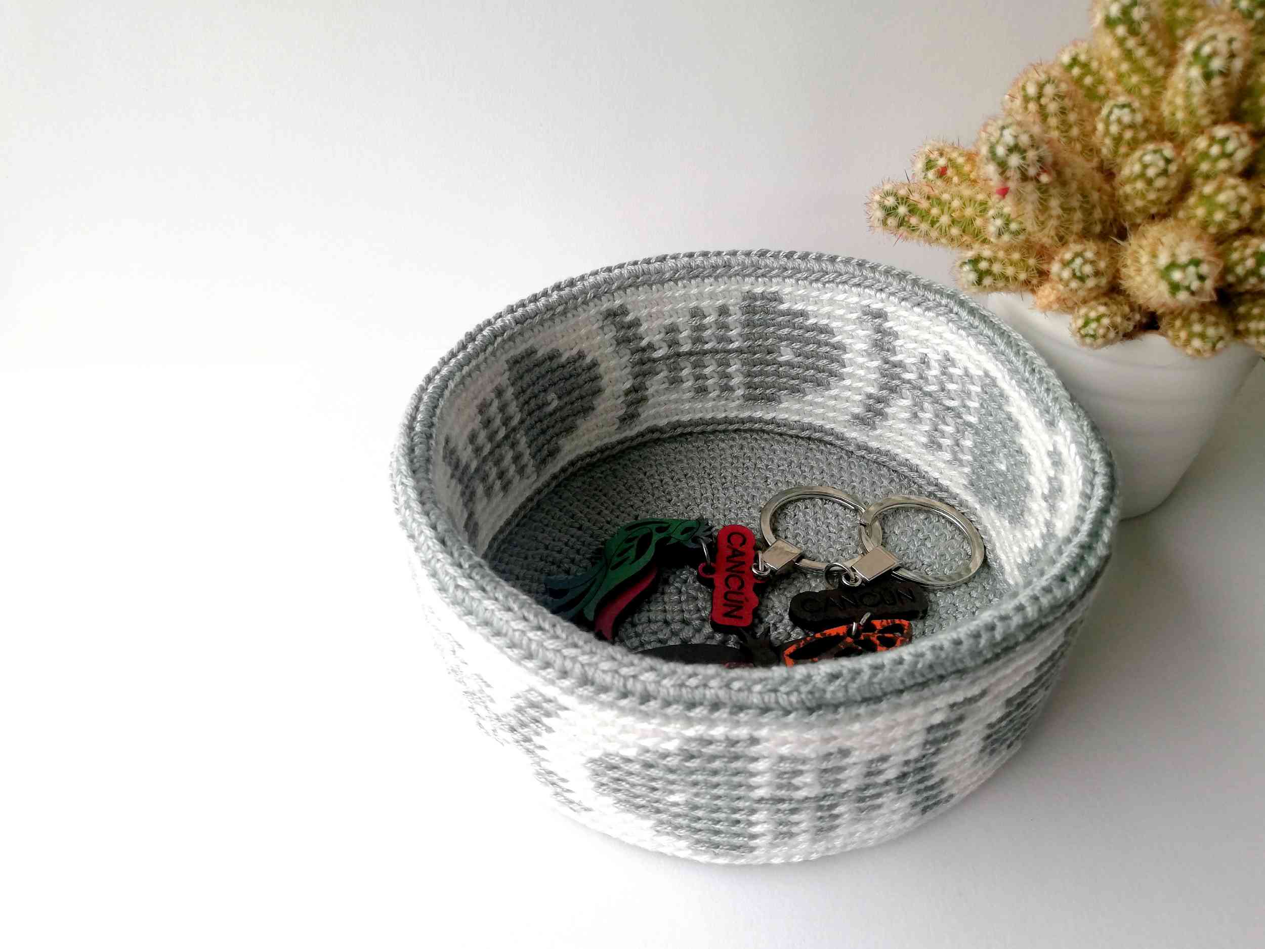 Tapestry crochet basket with fish bones