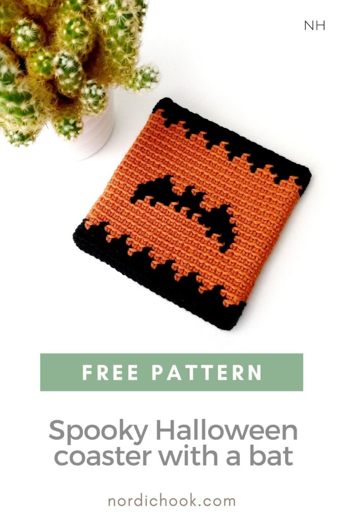 Free crochet pattern: Spooky Halloween coaster with a bat