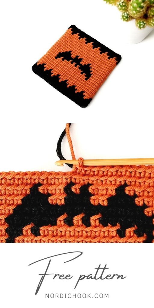 Free crochet pattern: Spooky Halloween coaster with a bat